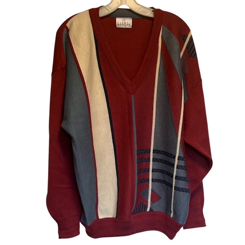 Men's V-Neck Geometric Pattern Sweater - Burgundy Multi